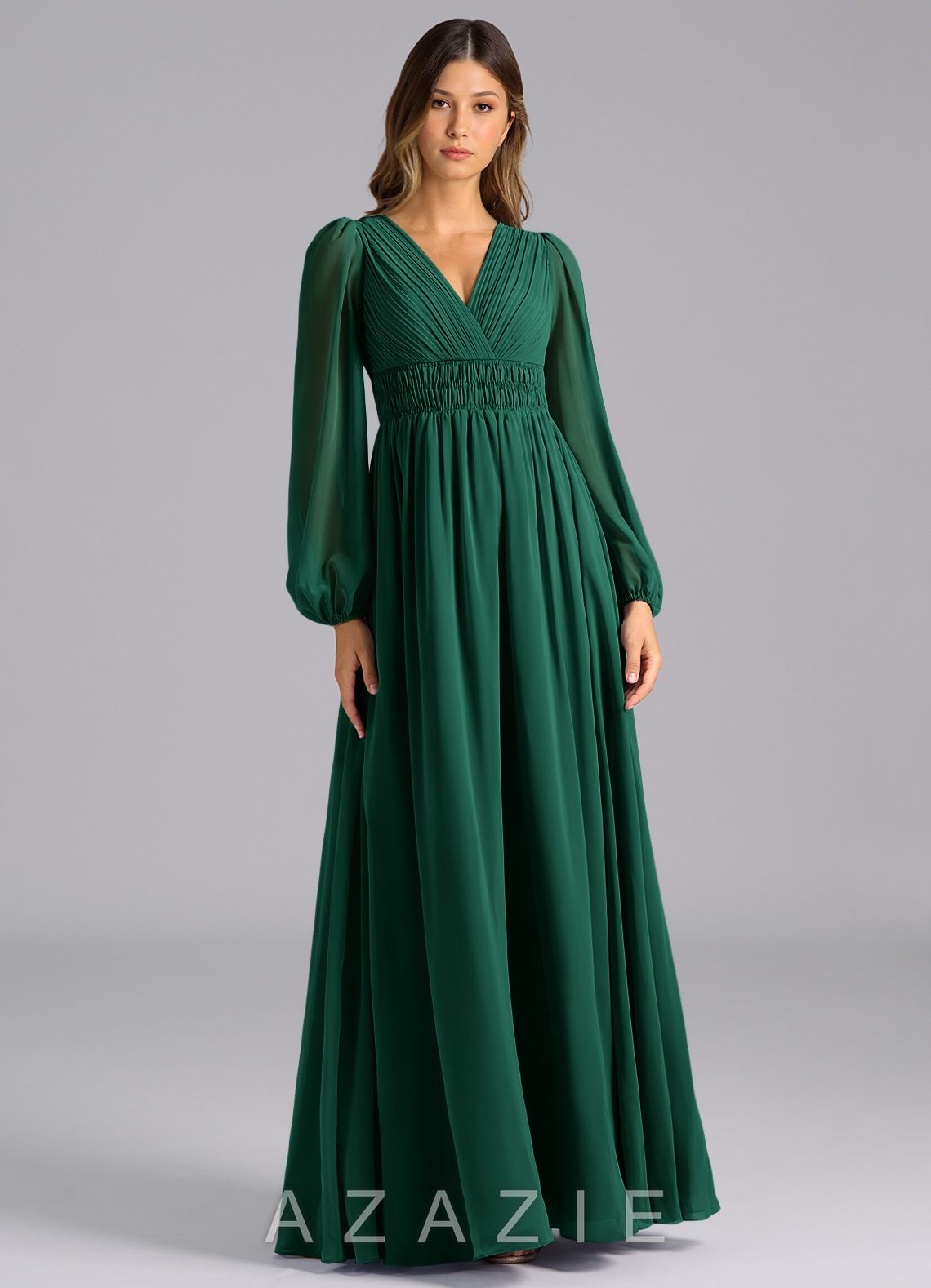 Azazie Palerma Emerald A-Line Long Sleeve Chiffon Dress
