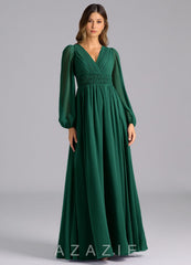 Azazie Palerma Emerald A-Line Long Sleeve Chiffon Dress