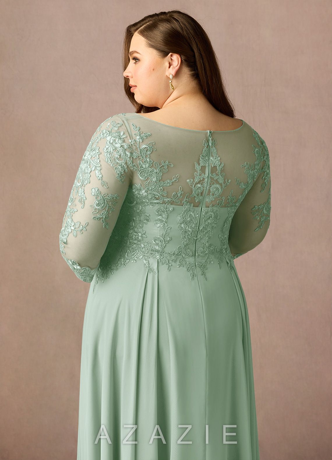 Azazie Marge Agave A-Line Scoop Lace Chiffon Dress agave