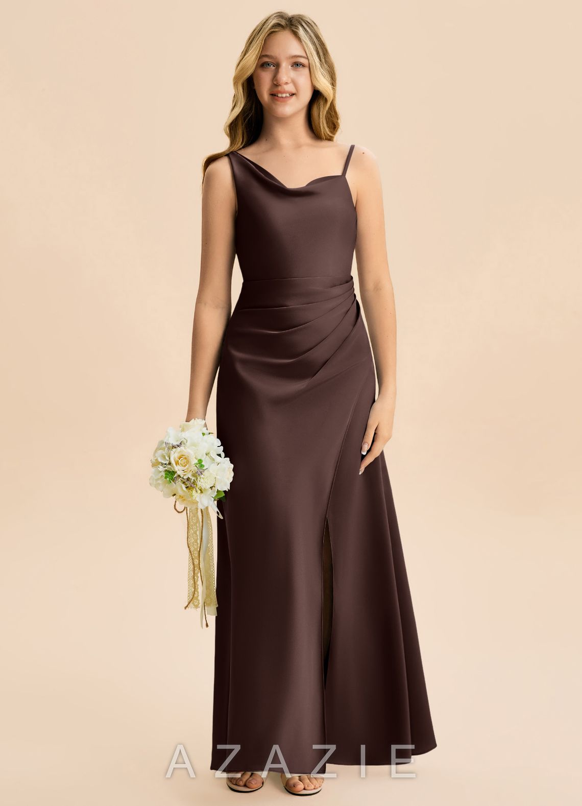 Azazie Abby Junior Ganache Sheath Pleated Stretch Satin Dress ganache