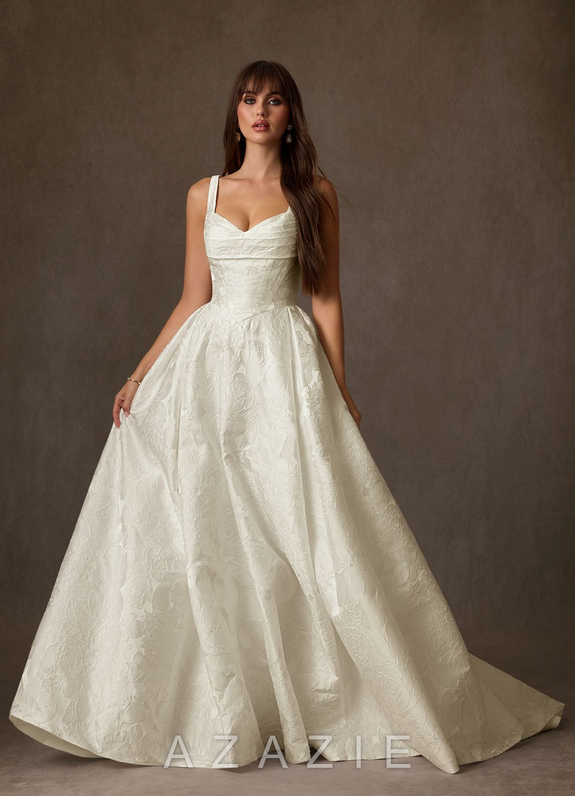 Azazie Priah Antique White Ball-Gown Sweetheart Neckline Floral Jacquard Dress antique_white