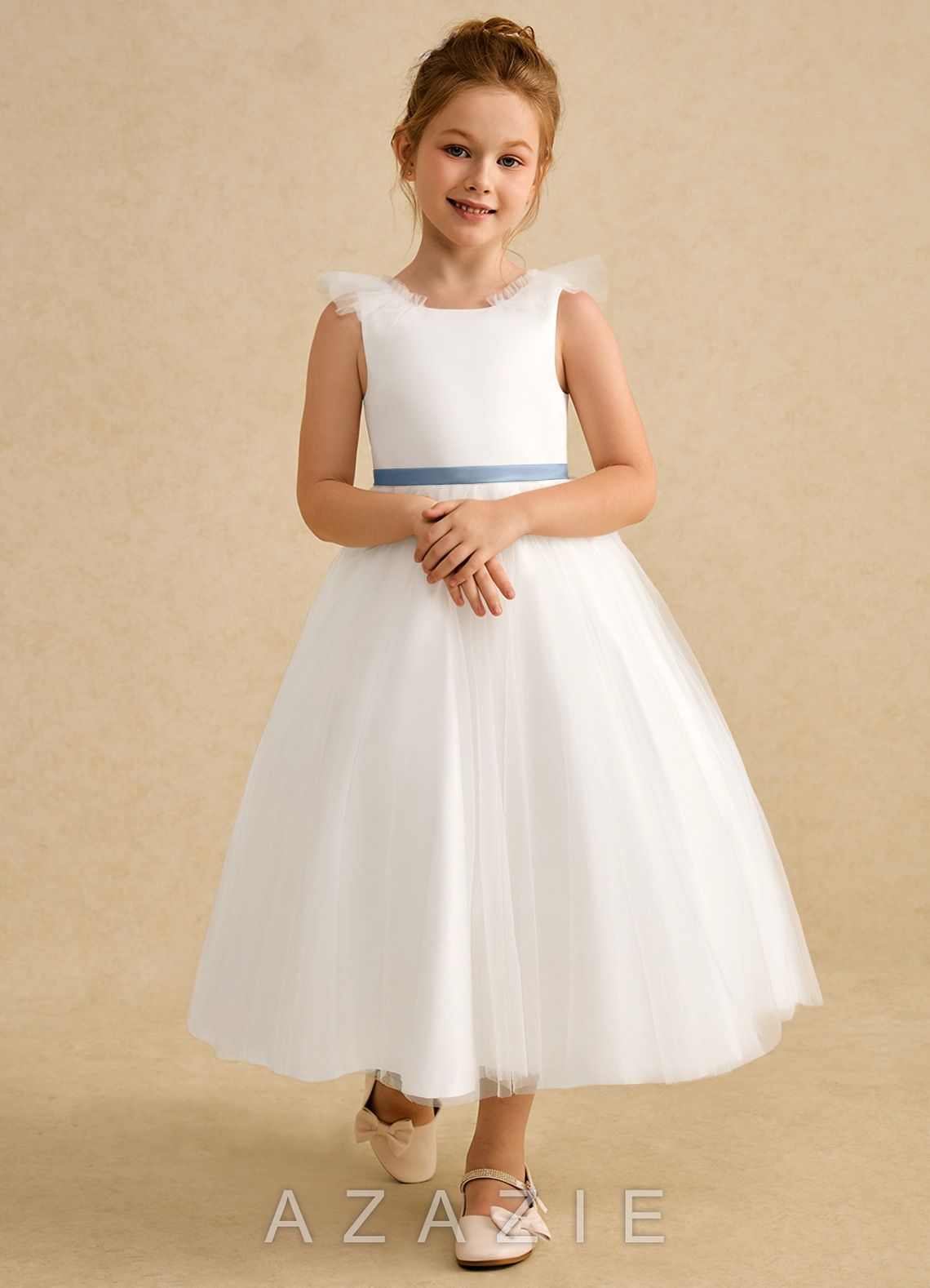 Azazie Amber Ivory Dusty Blue A-Line Bow Tulle Dress ivory/dusty_blue