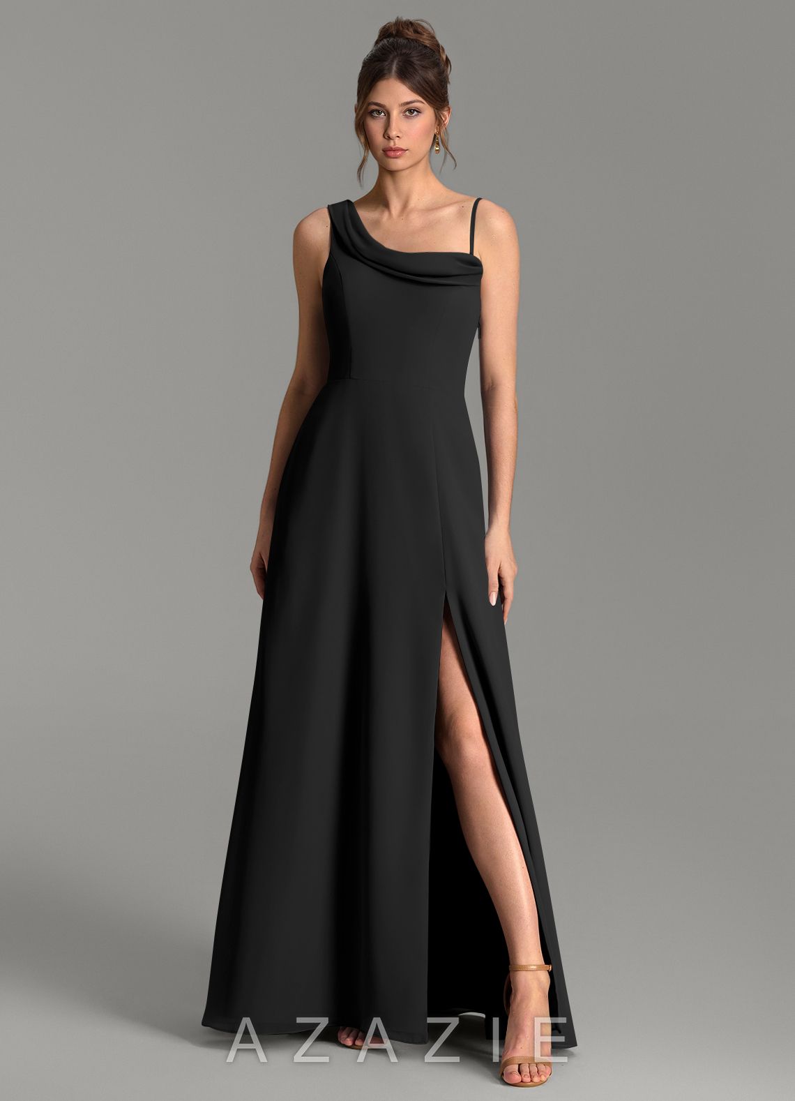 Azazie Thea Black A-Line One Shoulder Chiffon Dress black