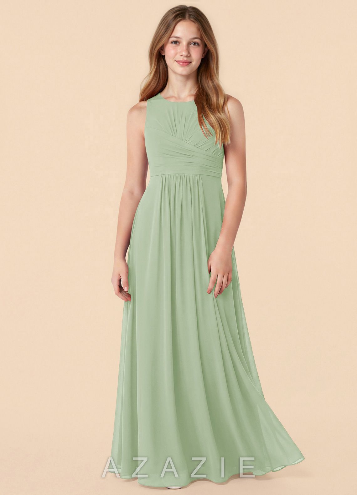 Azazie Skyla Junior Dusty Sage A-Line Pleated Chiffon Dress