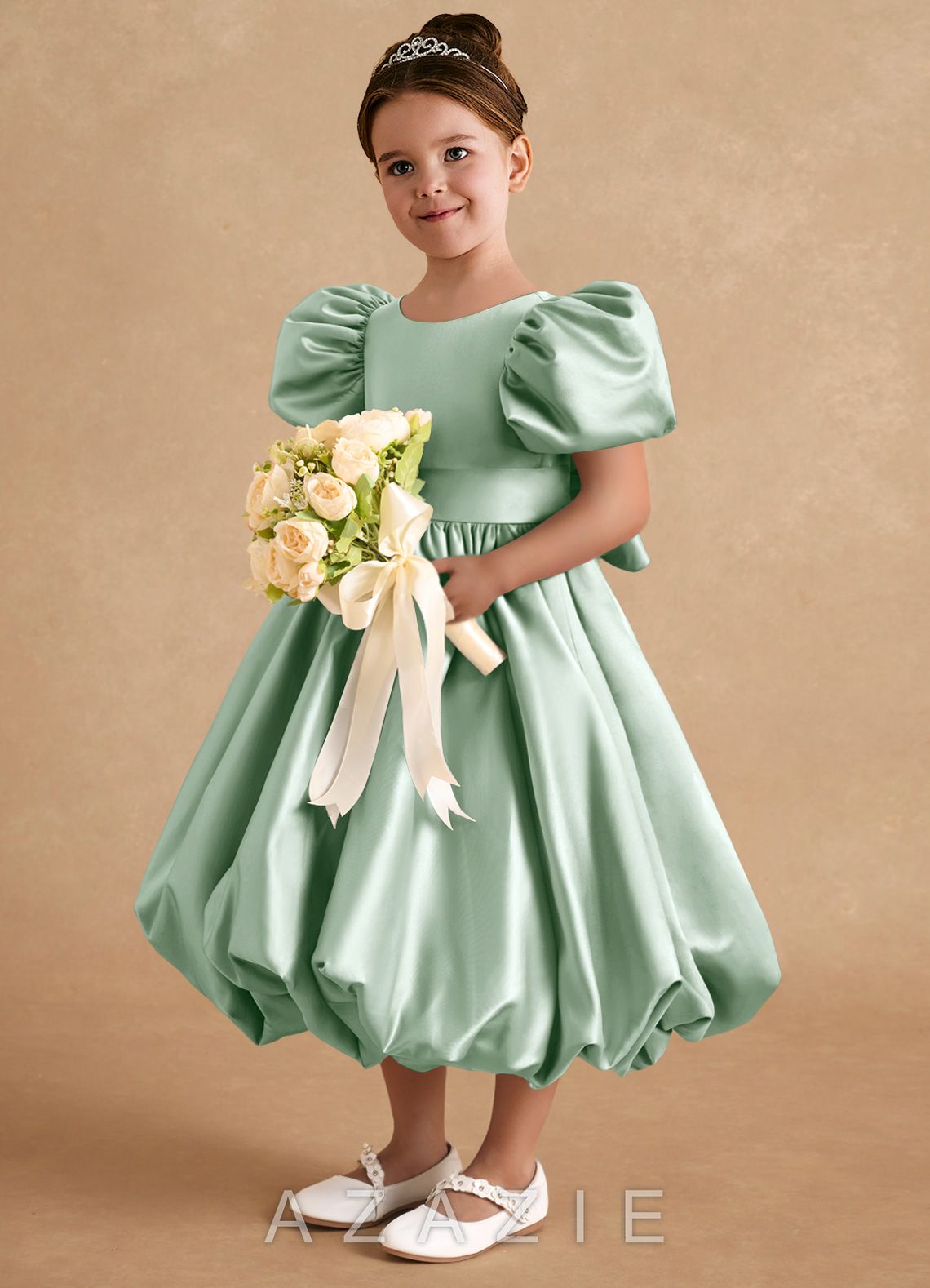Azazie Jellybean Agave Ball-Gown Ruched Matte Satin Dress