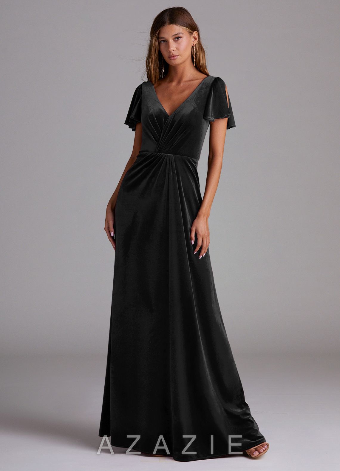 Azazie Soren Black A-Line Velvet Dress