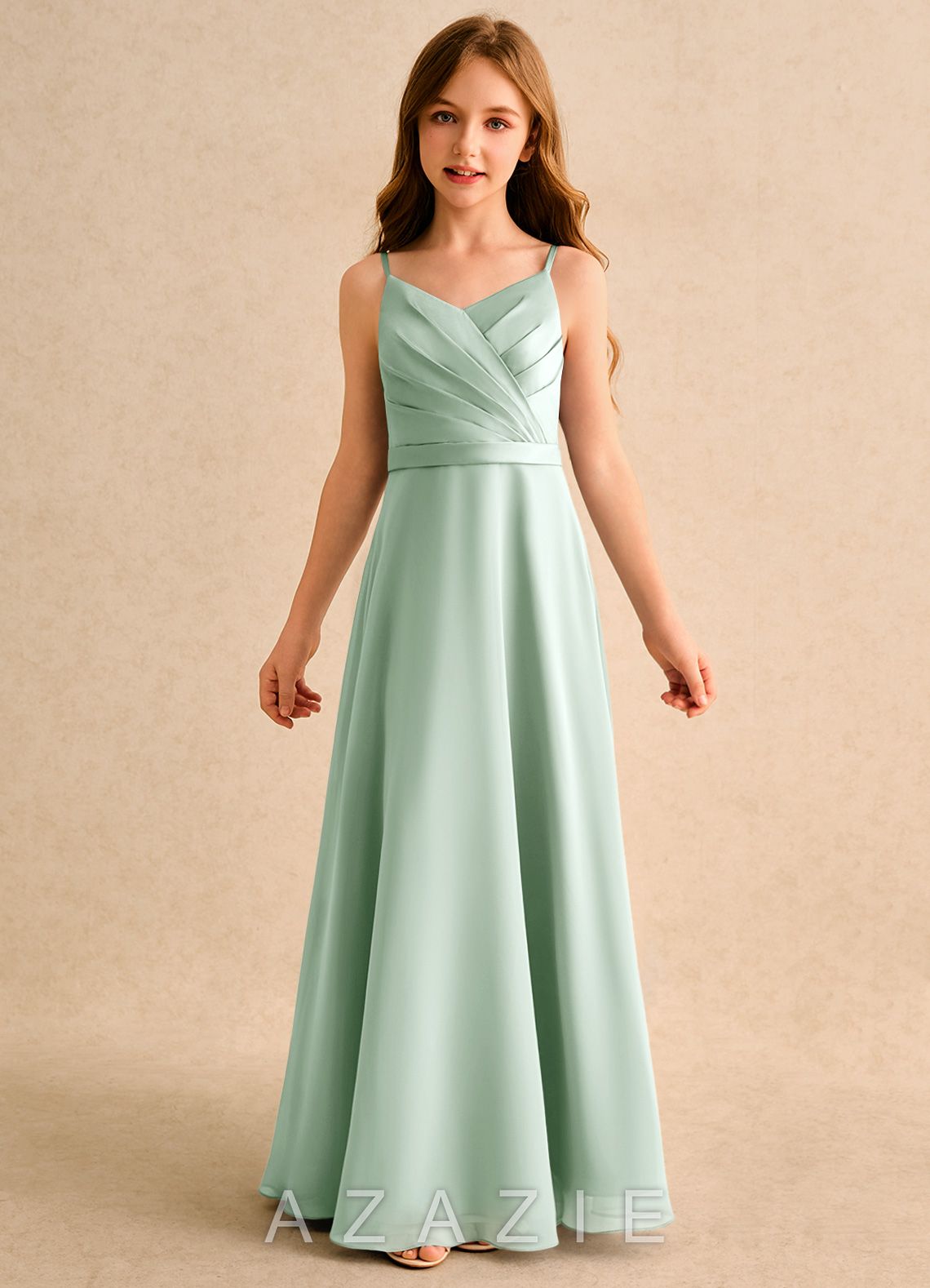 Azazie Umina Girls Formal Agave A-Line Pleated Matte Satin Dress agave