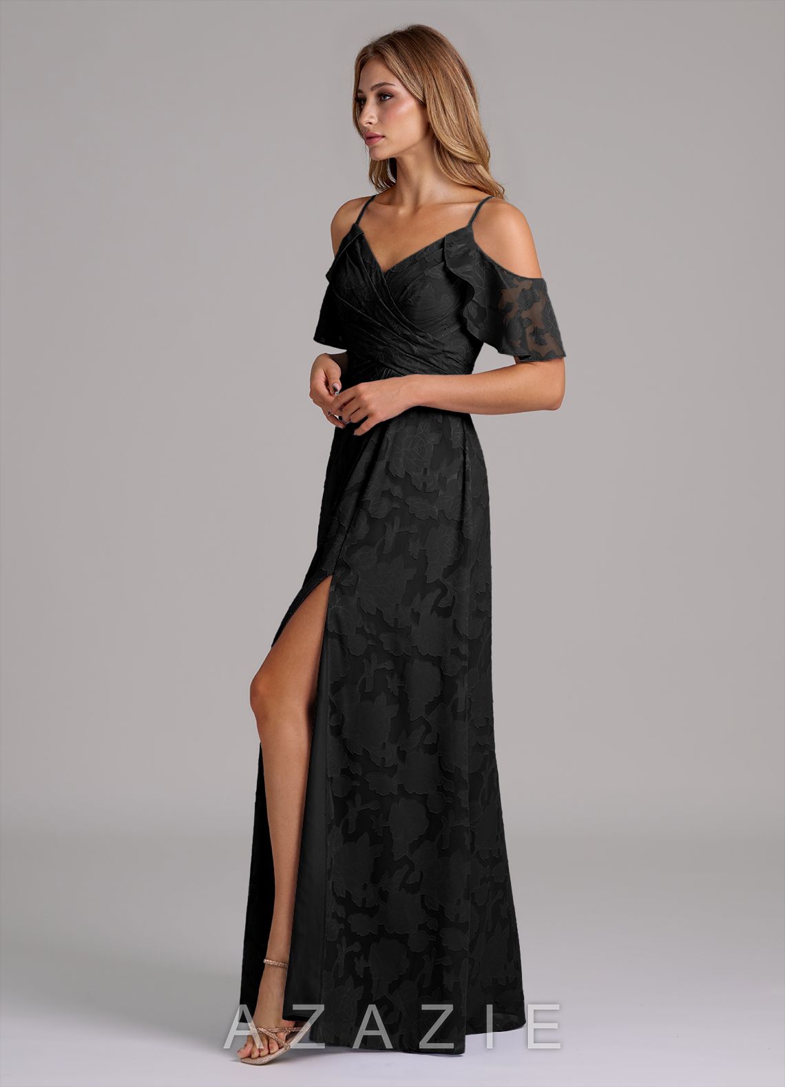 Azazie Dakota Black A-Line Off the Shoulder Floral Burnout Dress black