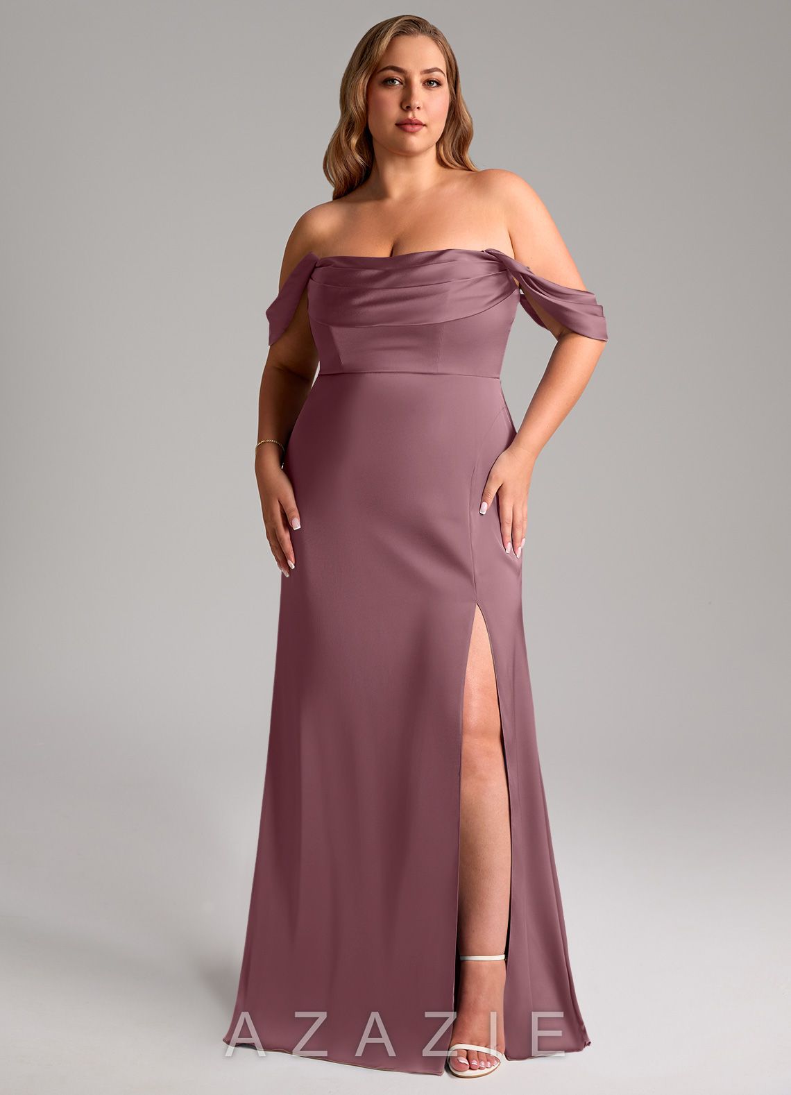 Azazie Saige Amethyst Sheath Off the Shoulder Stretch Satin Dress amethyst