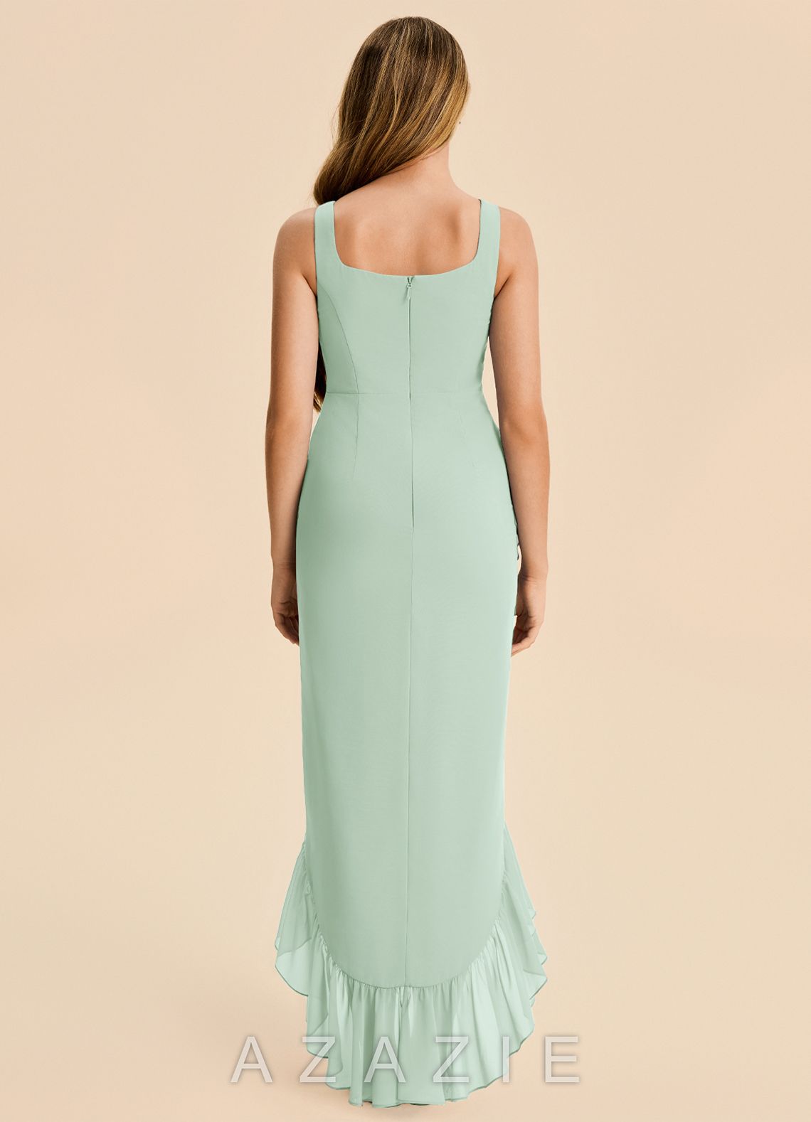 Azazie Reesie Junior Agave Sheath Ruched Chiffon Dress agave