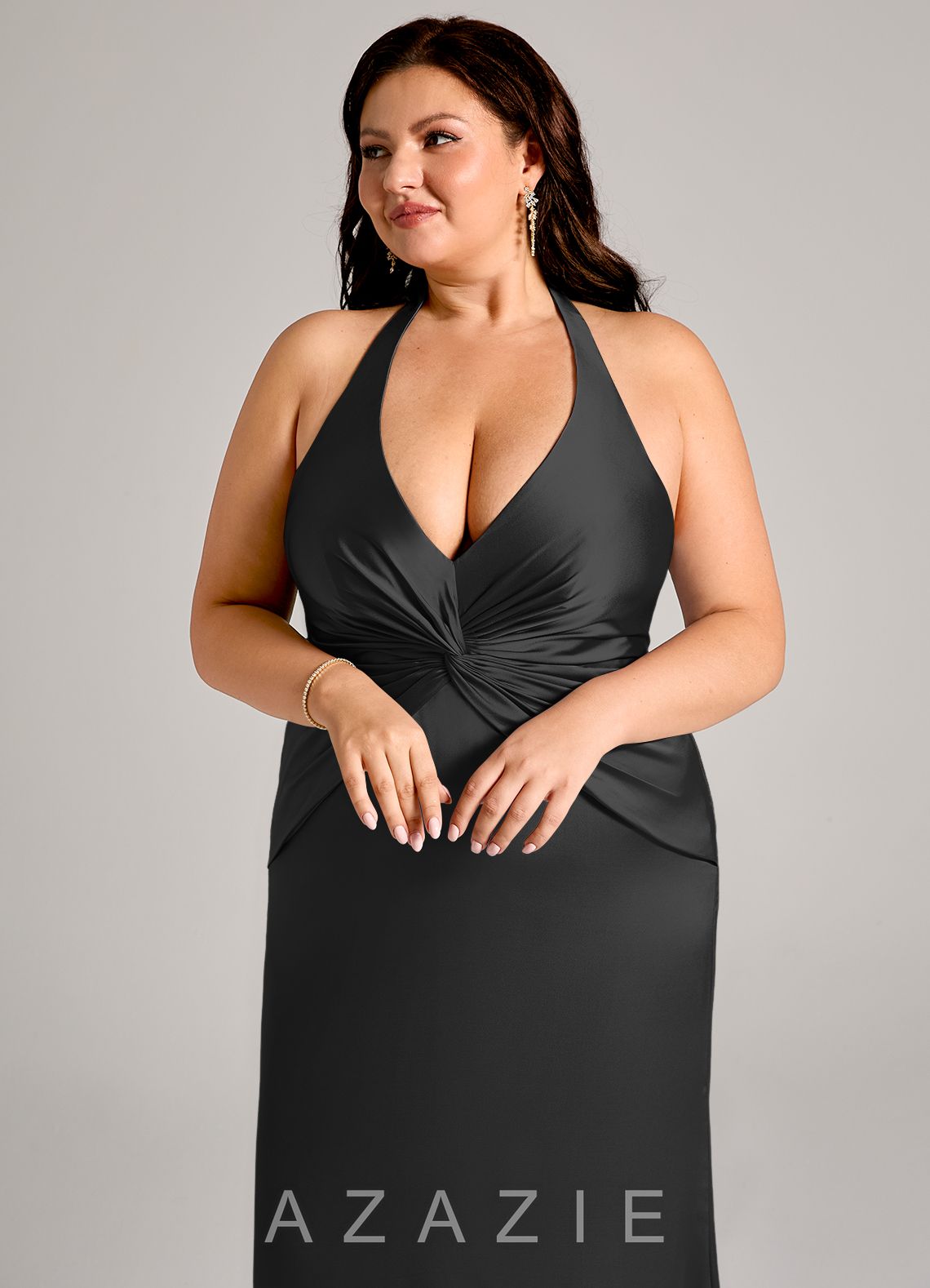 Azazie Valerie Black Mermaid Pleated Stretch Satin Dress black