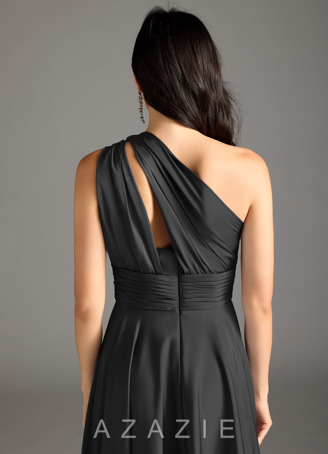 Azazie Charlize Black A-Line One Shoulder Stretch Satin Dress black