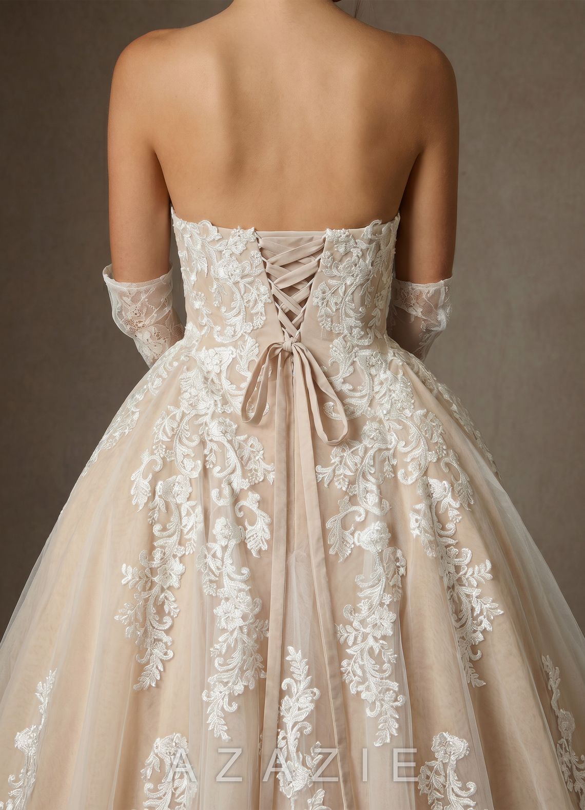 Azazie Sonnet Diamond White Champagne Ball-Gown Strapless Lace Dress