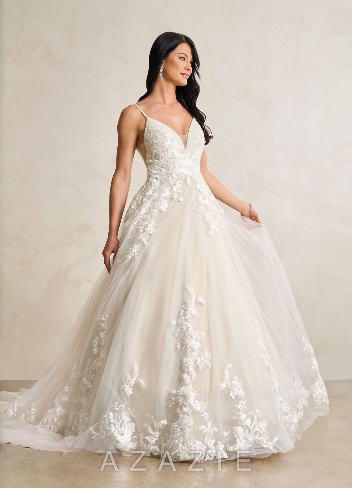 Azazie Rhodes Wedding Dress Diamond White Champagne A-Line V-Neck Sequins Tulle Dress diamond_white/champagne