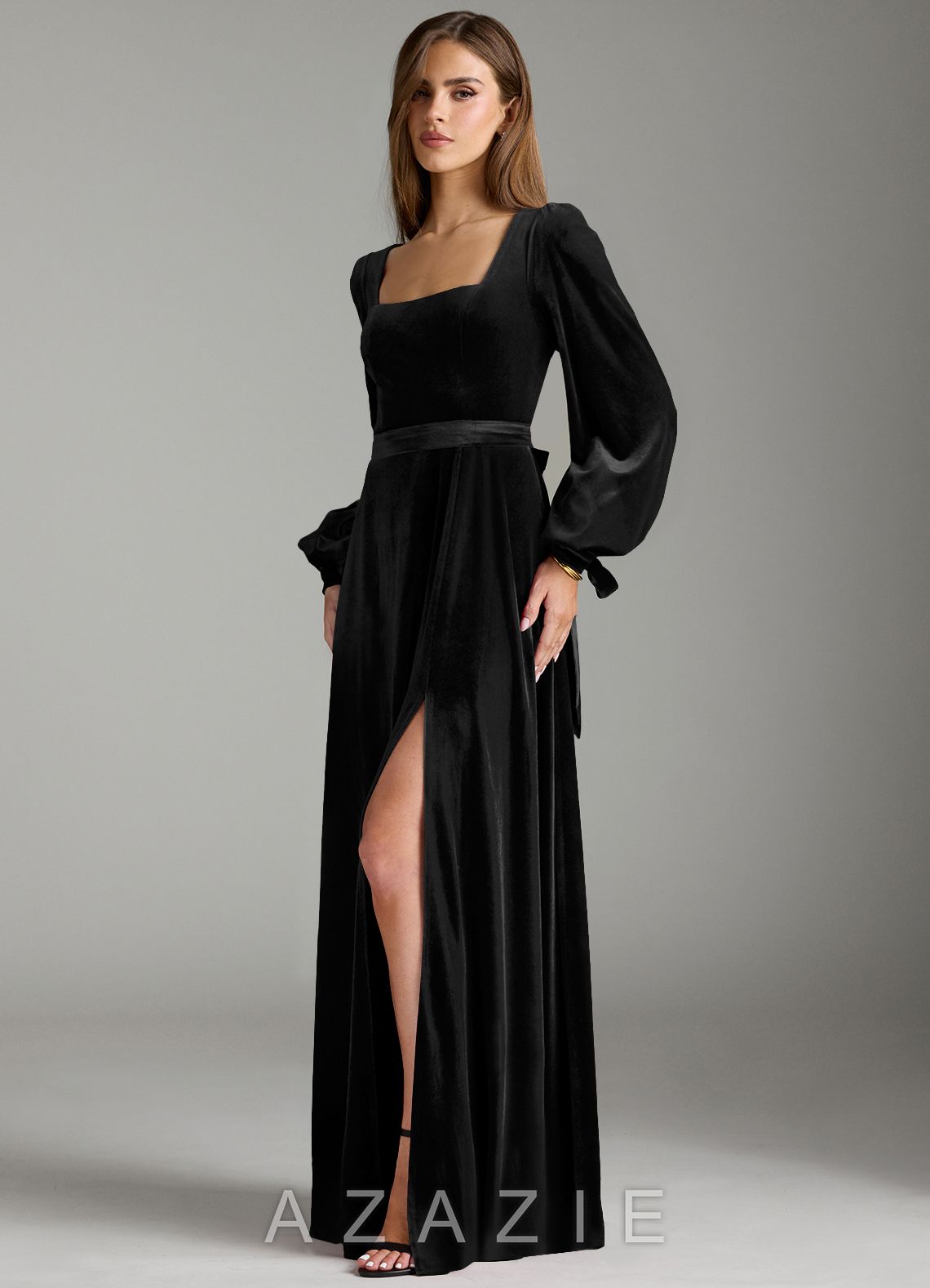 Azazie Leonia Black A-Line Long Sleeve Velvet Dress black