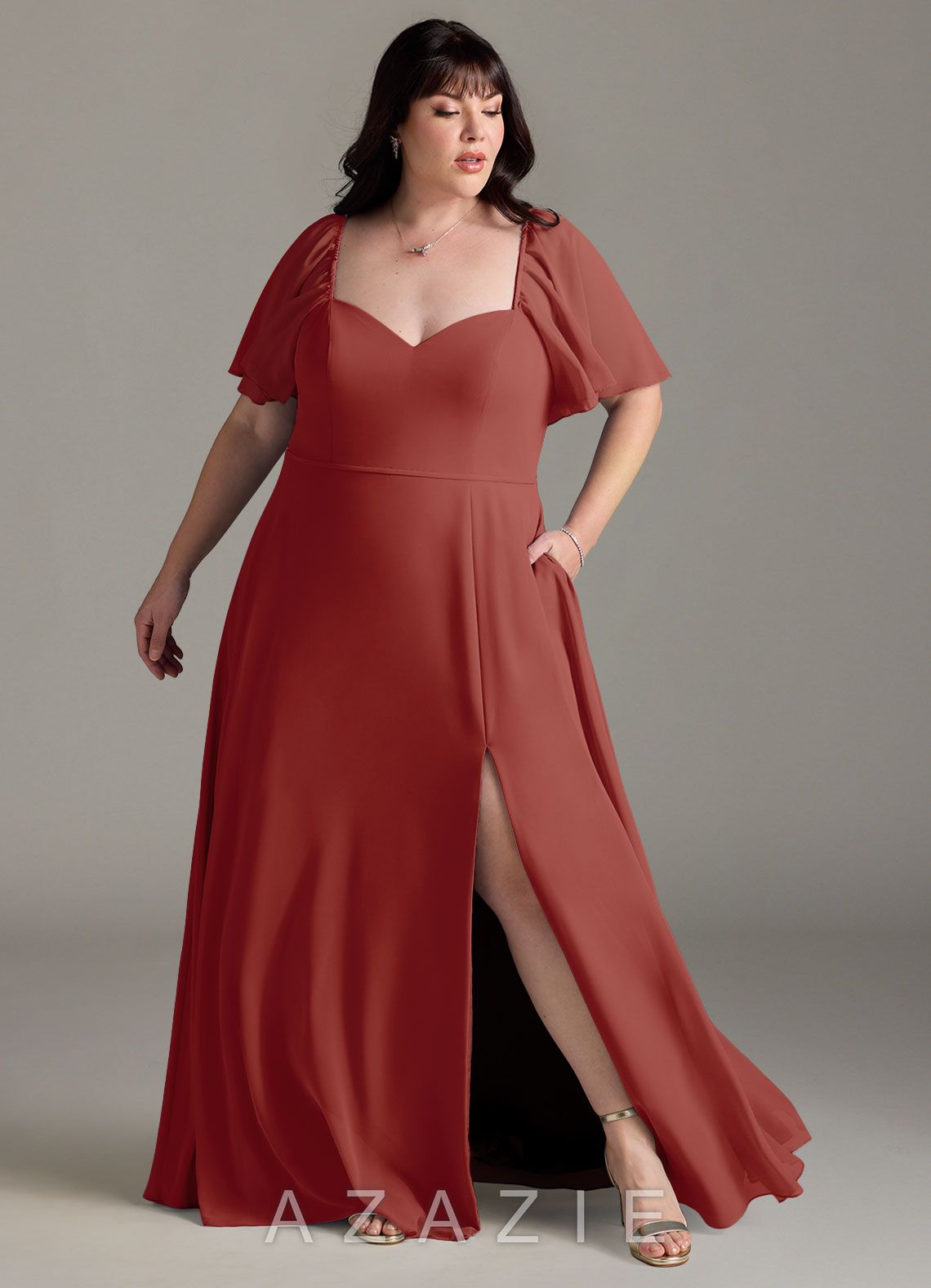 Azazie Chloe Terracotta A-Line Sweetheart Neckline Chiffon Dress terracotta
