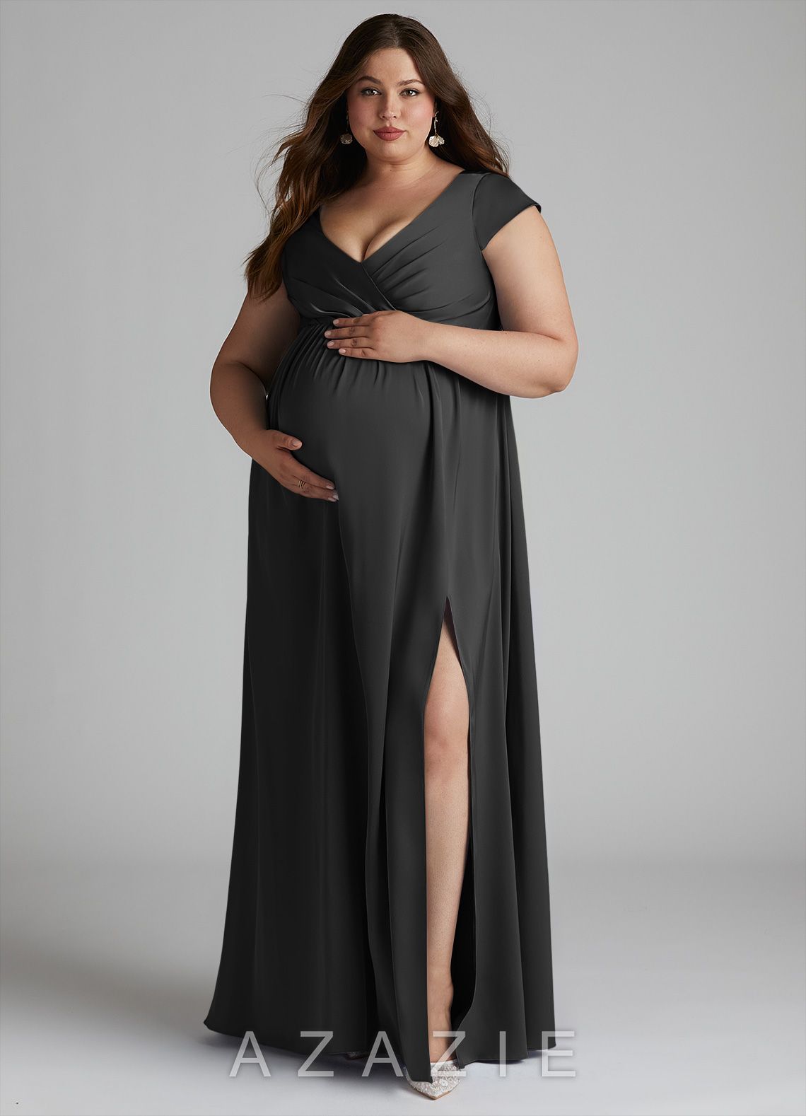 Azazie Allessia Stretch Satin Dress A-Line Pleated Stretch Satin Floor-Length Dress black