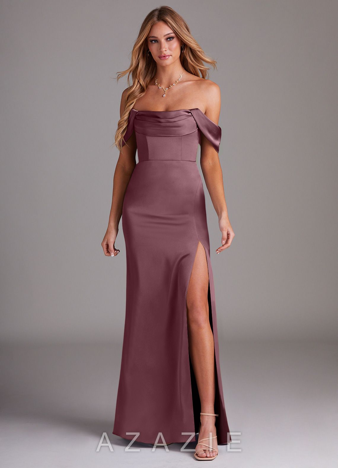 Azazie Saige Amethyst Sheath Off the Shoulder Stretch Satin Dress amethyst