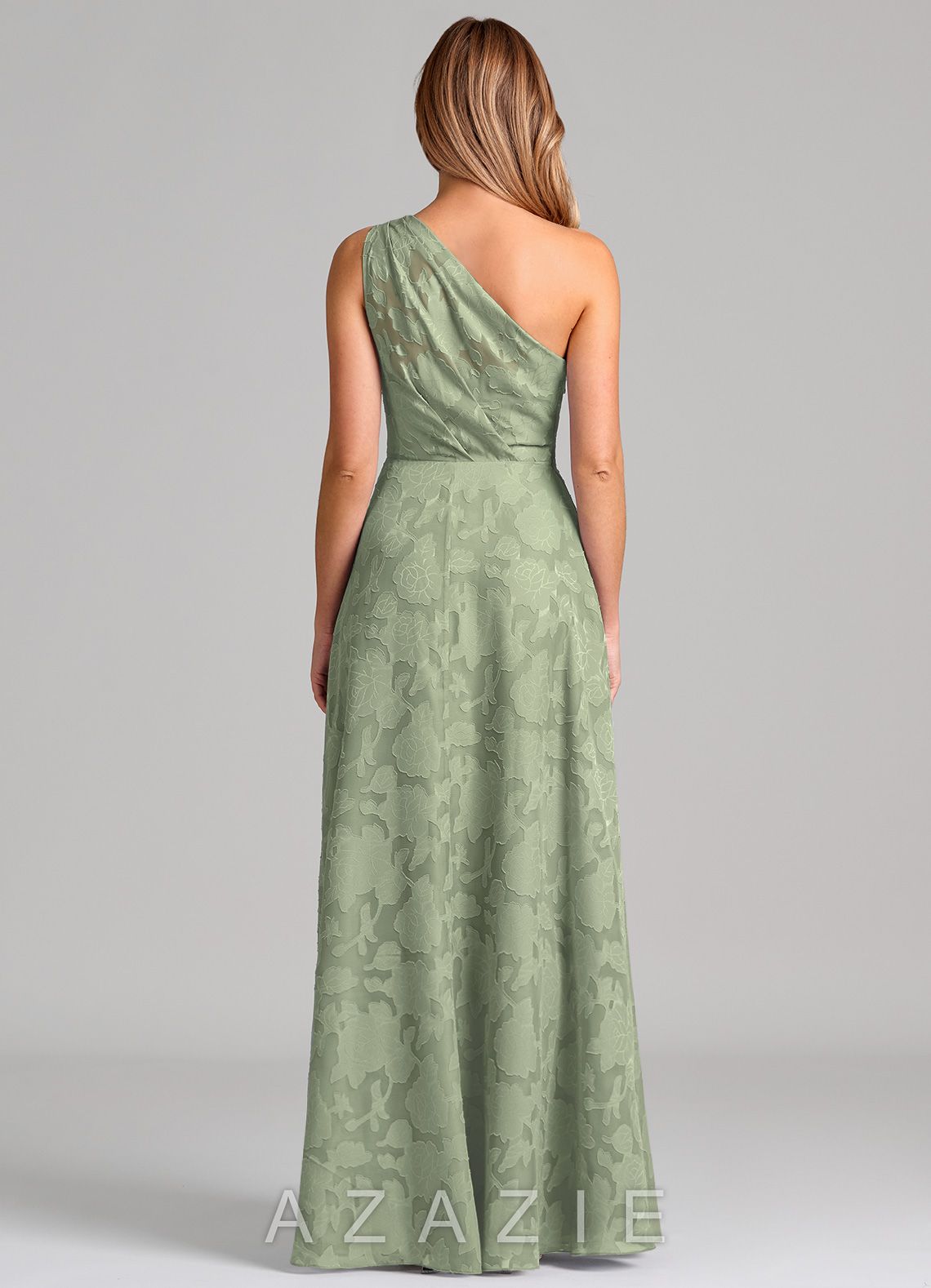 Azazie Phaedra Agave A-Line One Shoulder Floral Burnout Dress agave