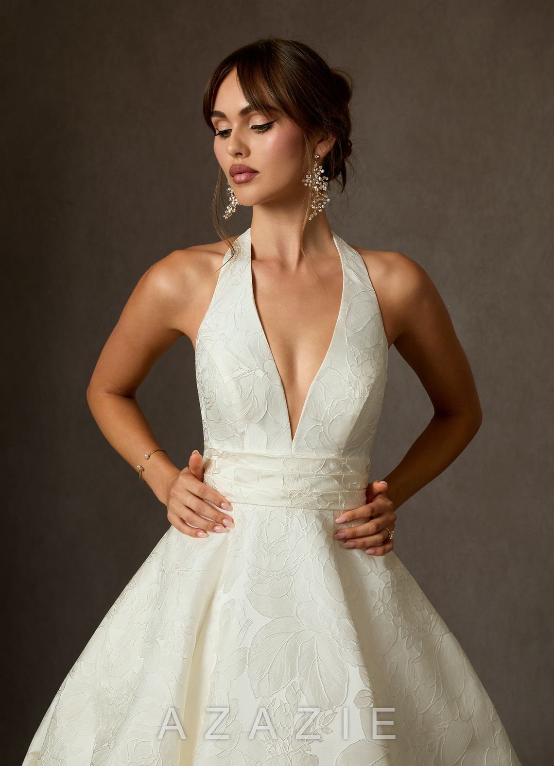 Azazie Saphira Antique White Ball-Gown with Pockets Floral Jacquard Dress