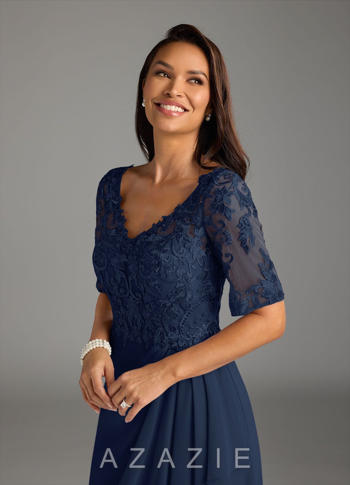 Azazie Amedeus Dark Navy A-Line V-Neck Lace Chiffon Dress dark_navy
