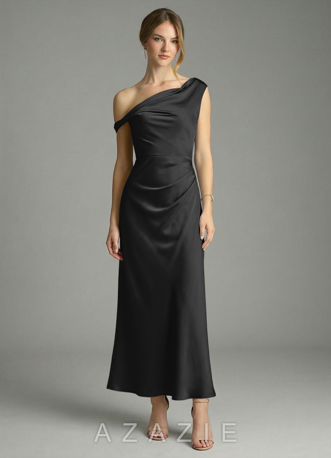 Azazie Emerson Black Mermaid Off the Shoulder Stretch Satin Dress black