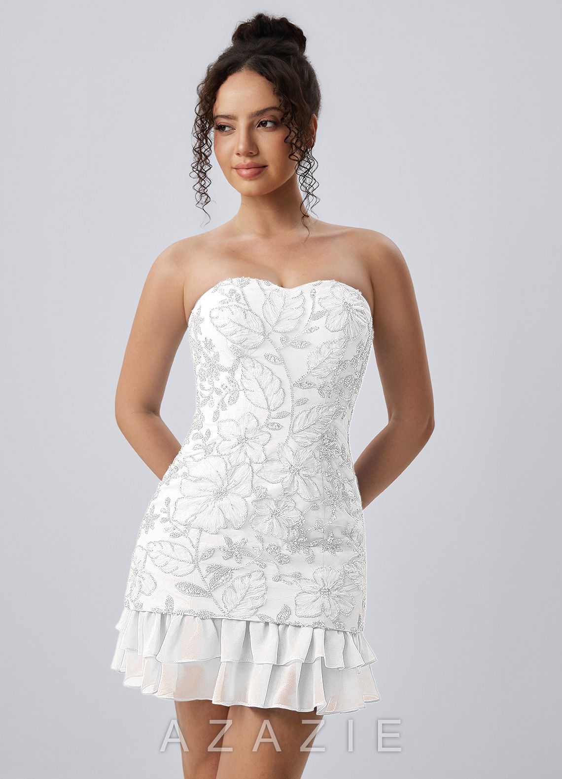 Iris White Strapless Floral Beaded Ruffle Lace-Up Mini Dress