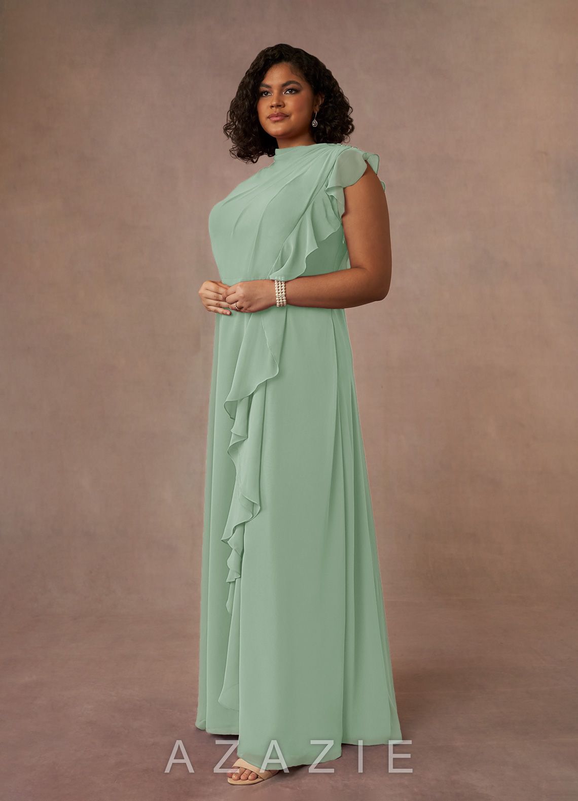 Azazie Narine Agave A-Line High Neckline Pleated Chiffon Dress agave