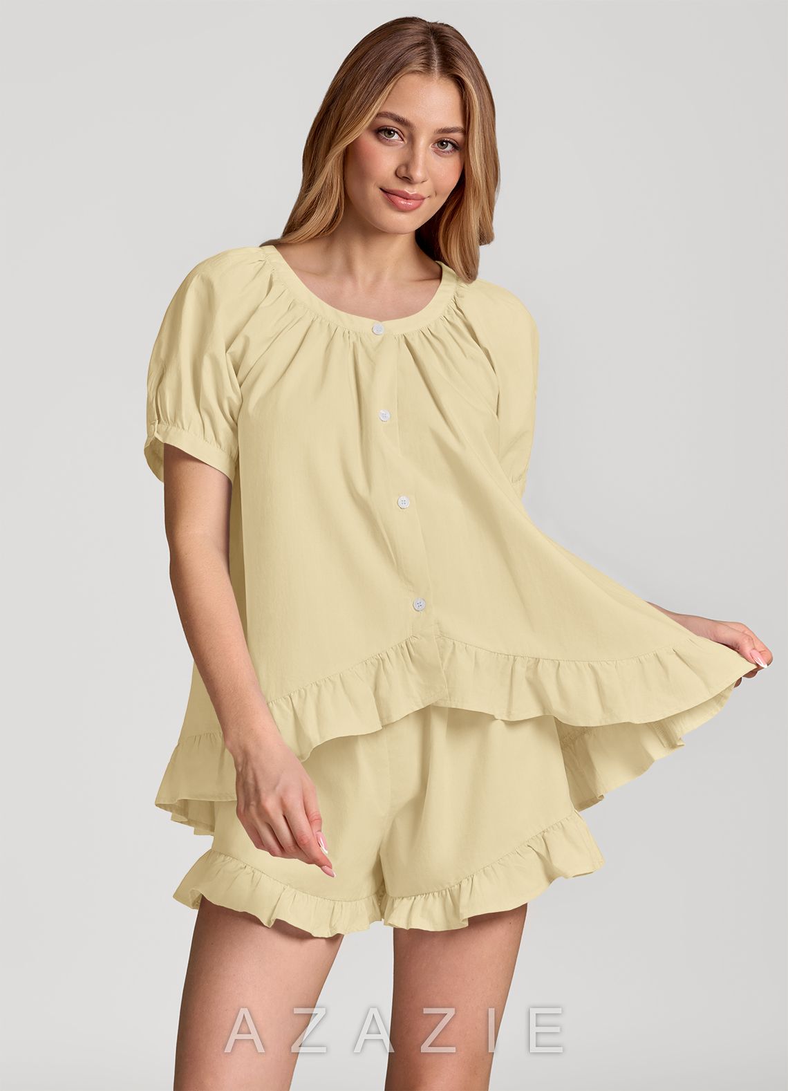 Ruffled Button Front Cotton Pajama Set
