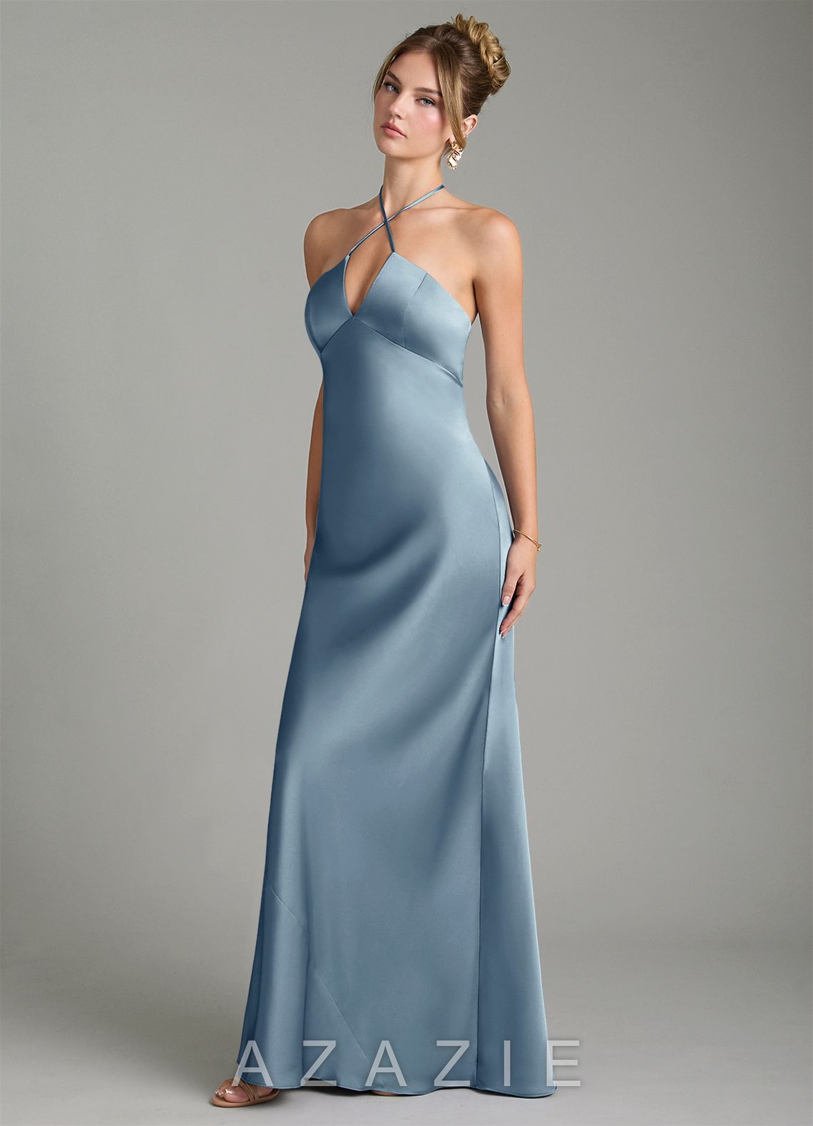 Azazie Camille Dusty Blue Sheath Side Slit Stretch Satin Dress dusty_blue