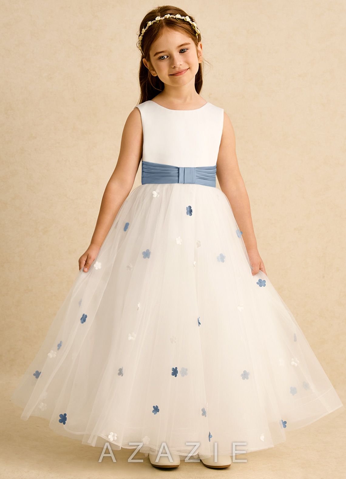 Azazie Cricket Ivory Dusty Blue Ball-Gown Pleated Matte Satin Dress ivory/dusty_blue