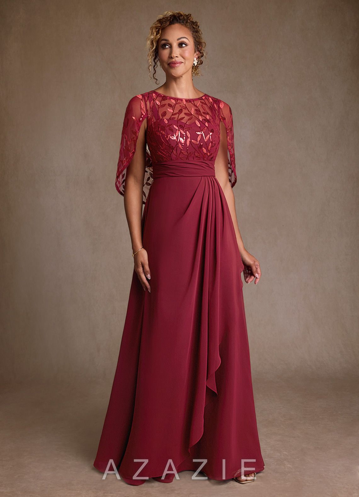 Azazie Beckley Burgundy A-Line Lace Chiffon Dress