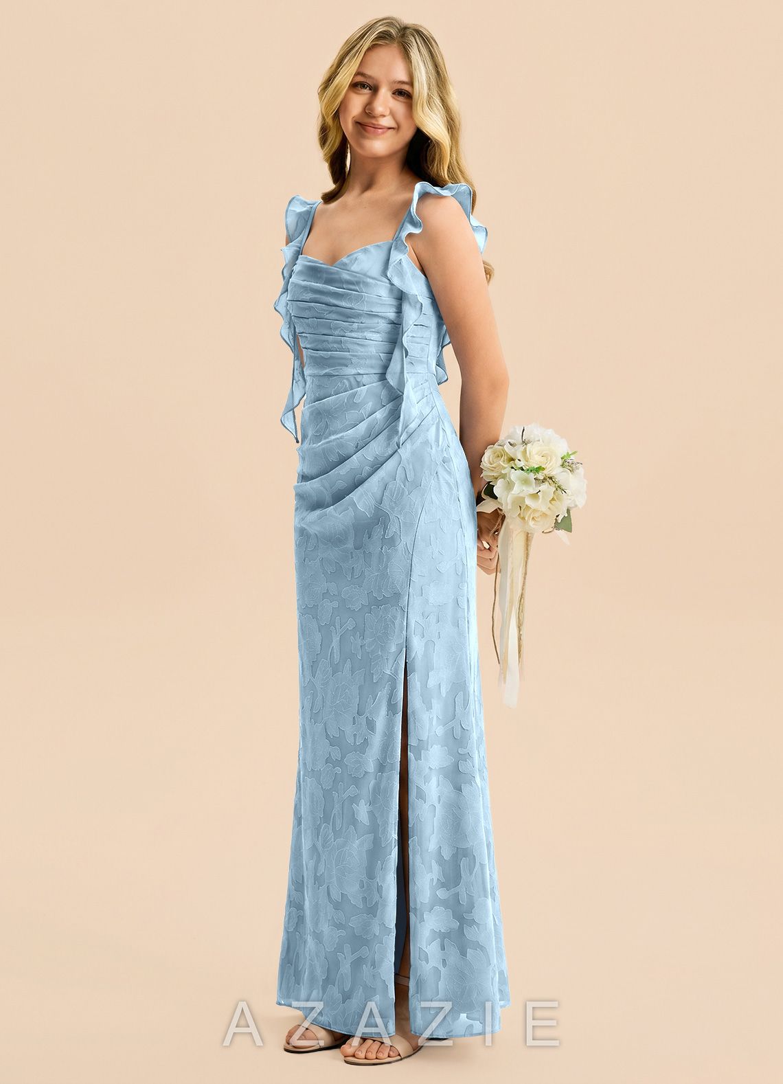 Azazie Jessamine Junior Sky Blue Mermaid Sweetheart Neckline Floral Burnout Dress sky_blue