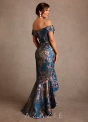 Azazie Winnetka Teal Floral Mermaid Off the Shoulder Floral Jacquard Dress teal_floral