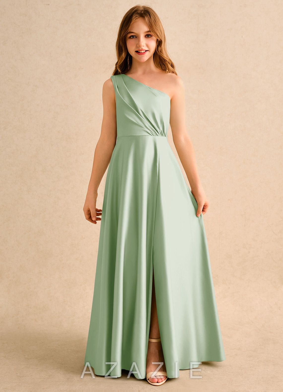Azazie Puddles Girls Formal Dusty Sage A-Line One Shoulder Matte Satin Dress dusty_sage