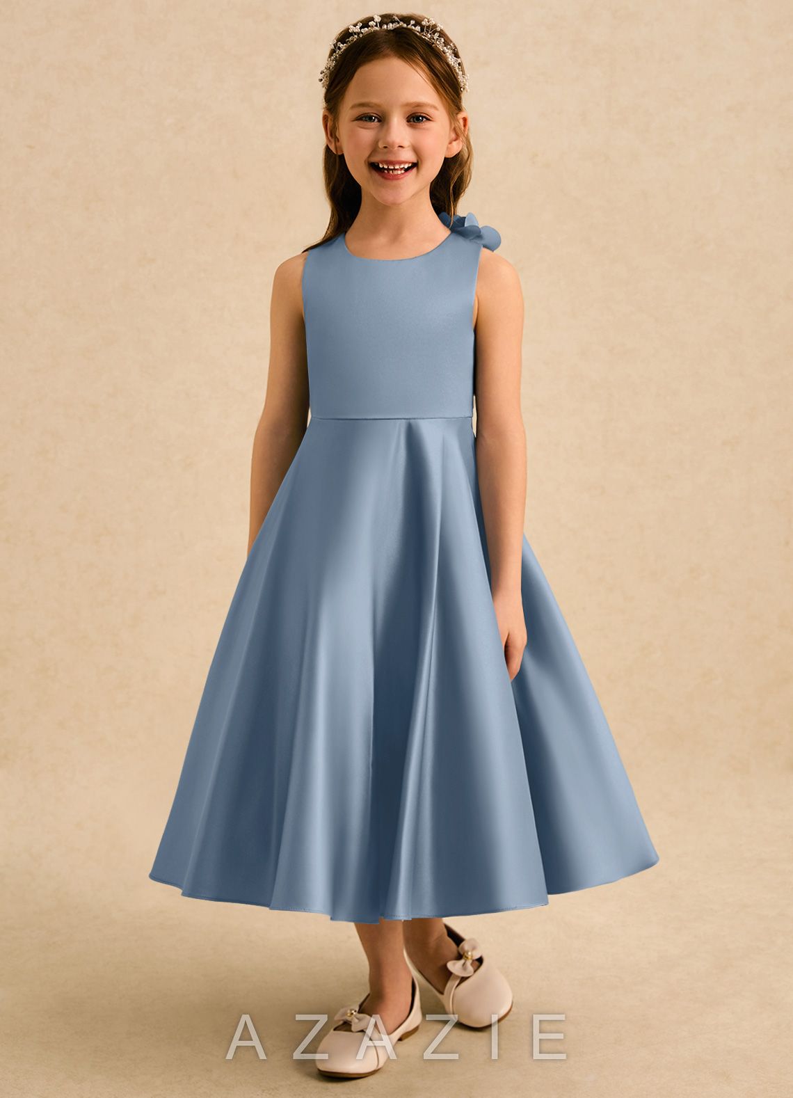 Azazie Kay Dusty Blue A-Line Pleated Matte Satin Dress dusty_blue