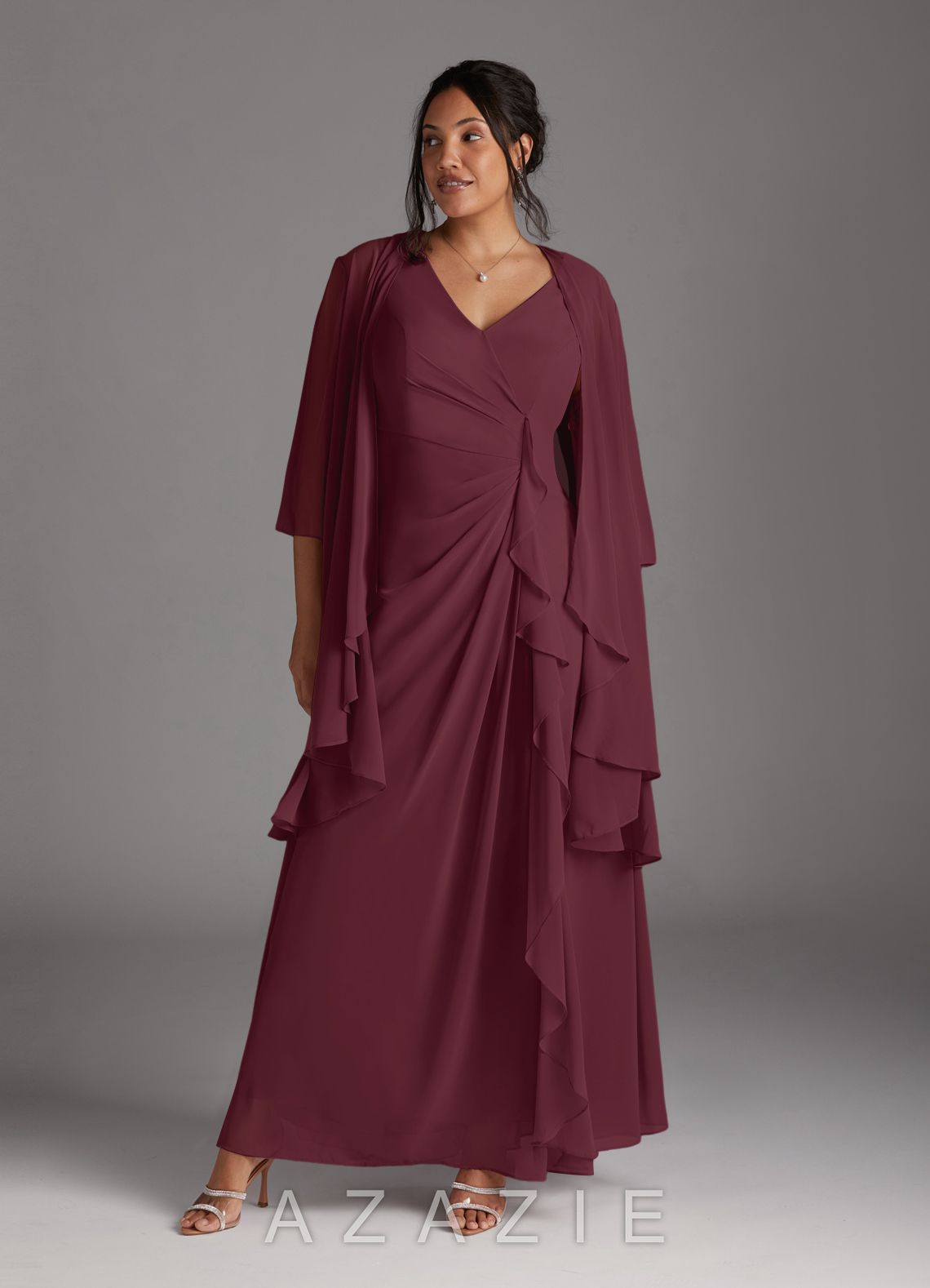 Azazie Manuella Cabernet A-Line V-Neck Pleated Chiffon Dress cabernet