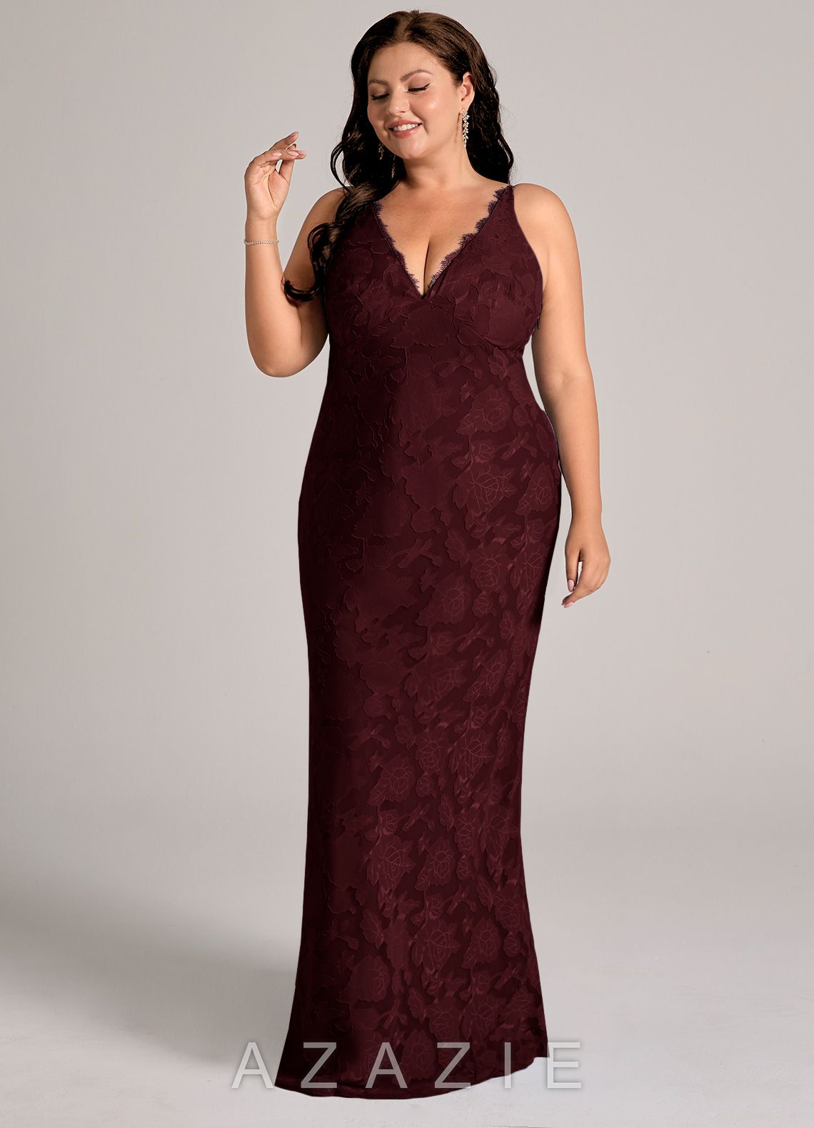 Azazie Tianna Cabernet Sheath Lace Floral Burnout Dress cabernet