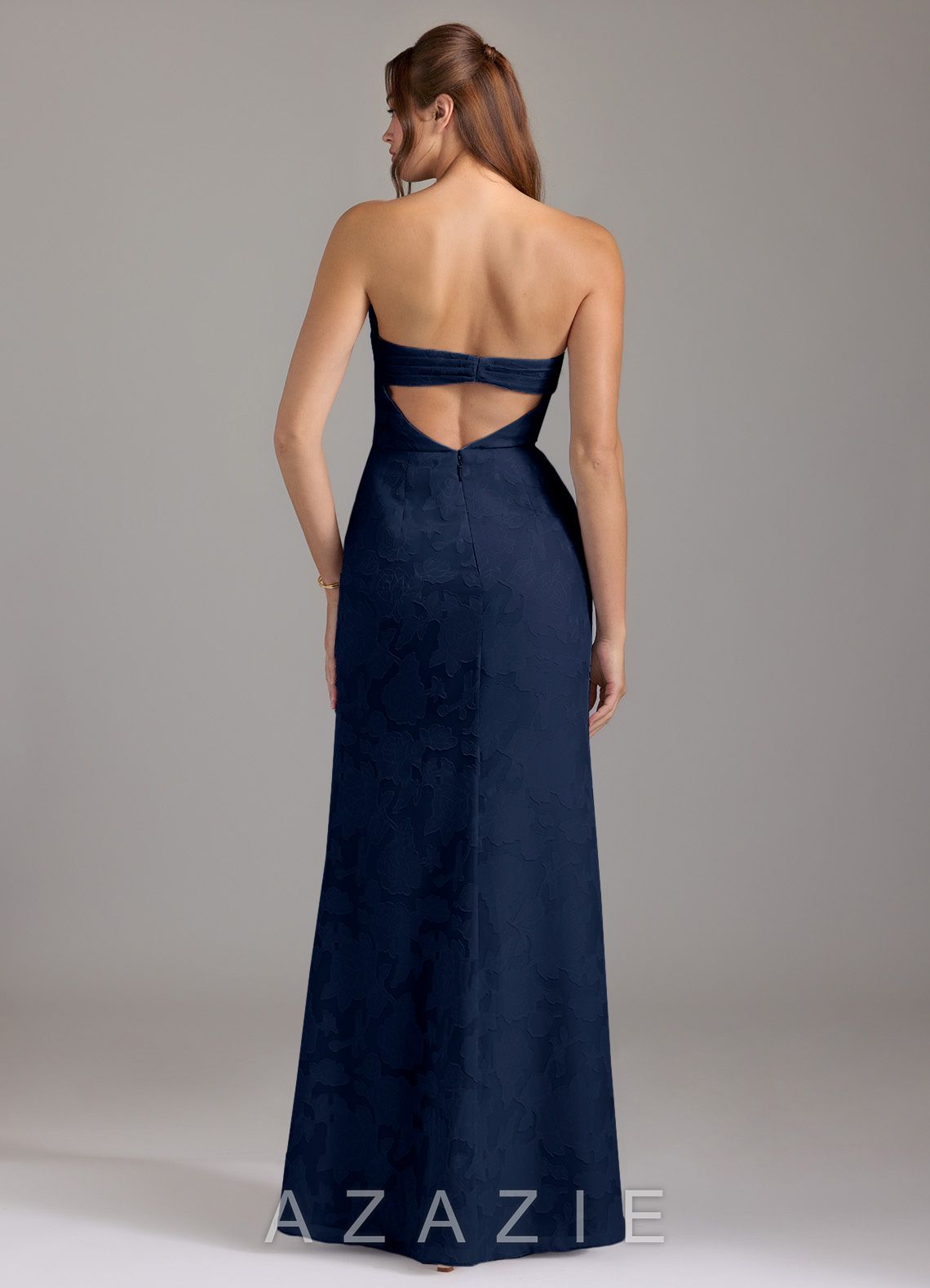 Azazie Leonis Dark Navy Sheath Strapless Floral Burnout Convertible Dress dark_navy