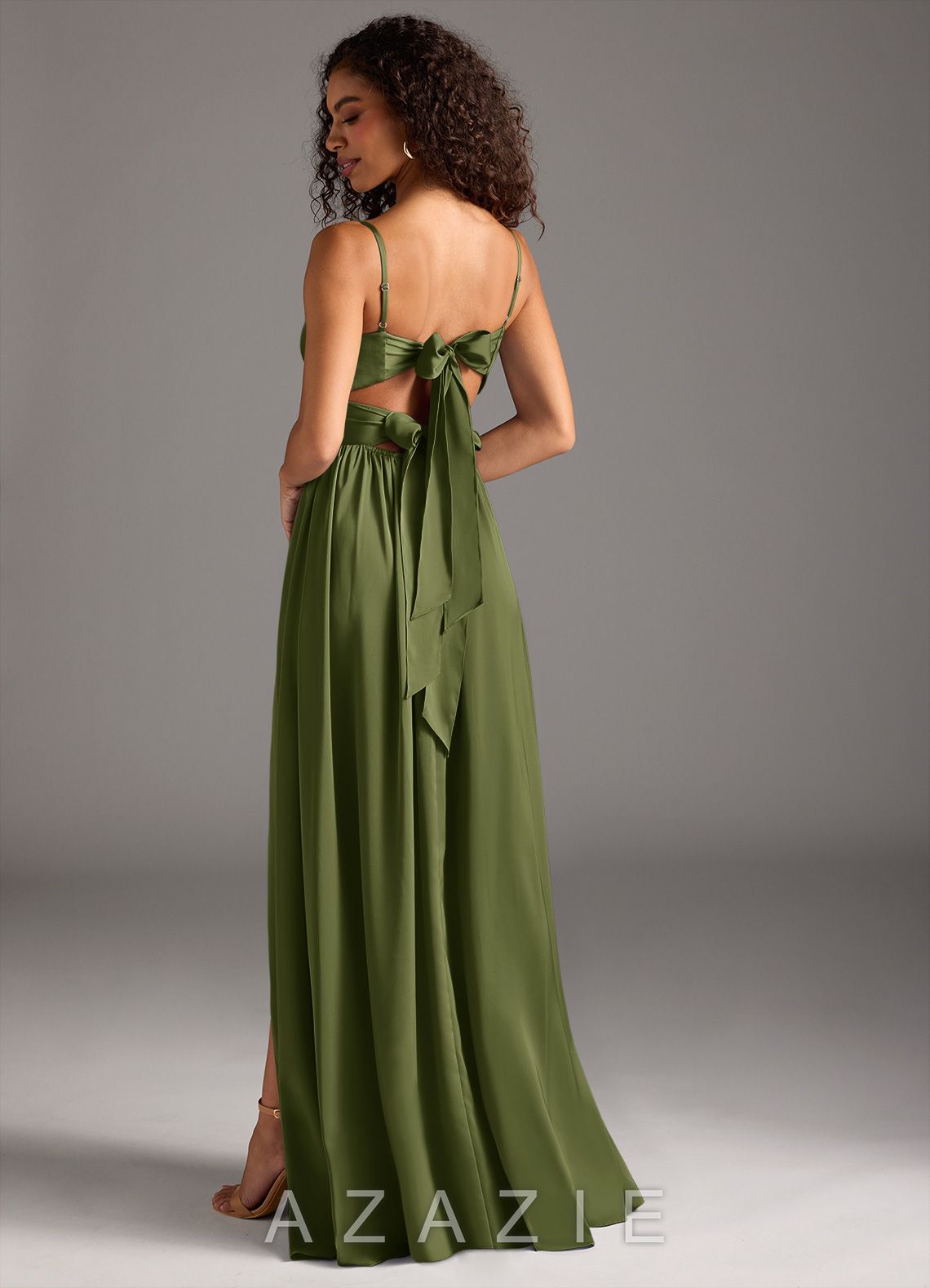 Azazie Zeya Olive A-Line Pleated Stretch Satin Dress