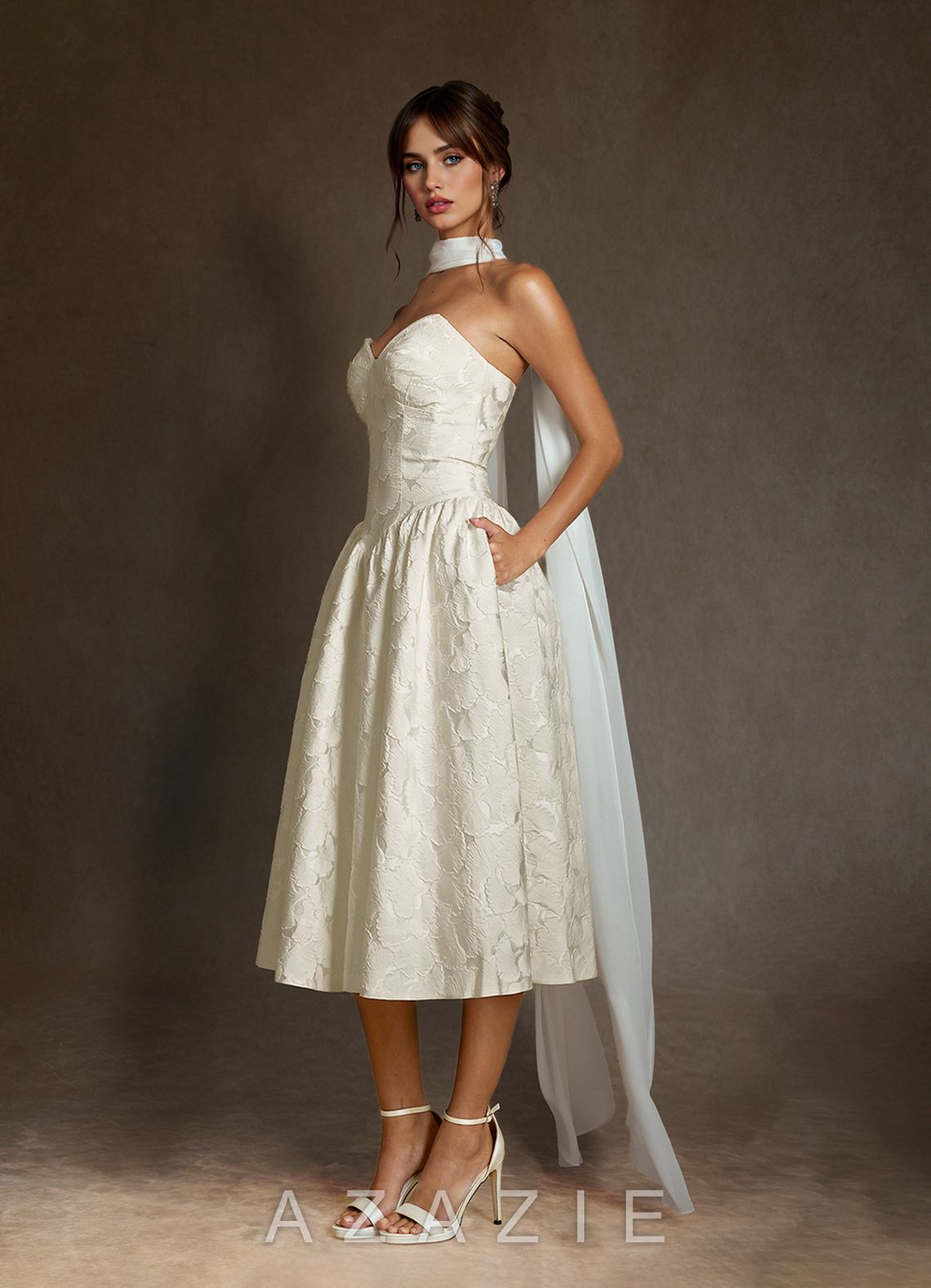 Azazie Devam Cream A-Line Strapless Floral Jacquard Dress cream