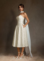 Azazie Devam Cream A-Line Strapless Floral Jacquard Dress cream
