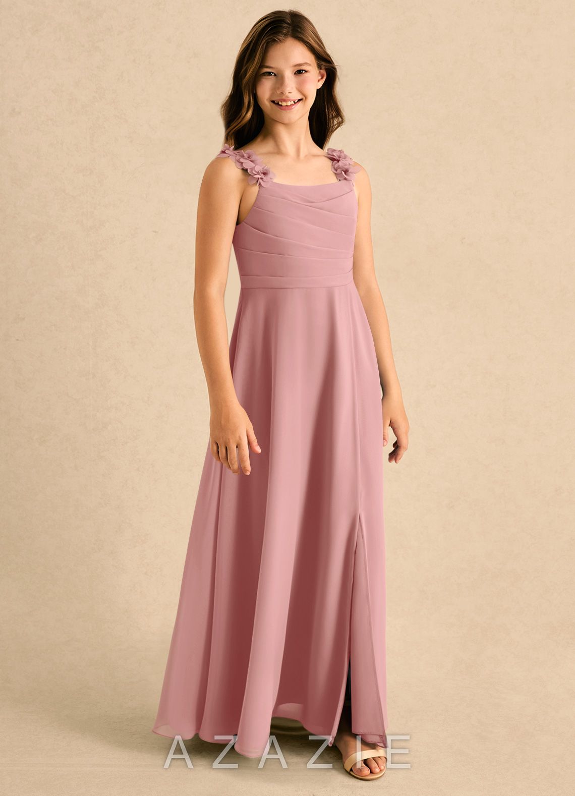 Azazie Masie Girls Formal Dusty Rose A-Line Pleated Chiffon Dress