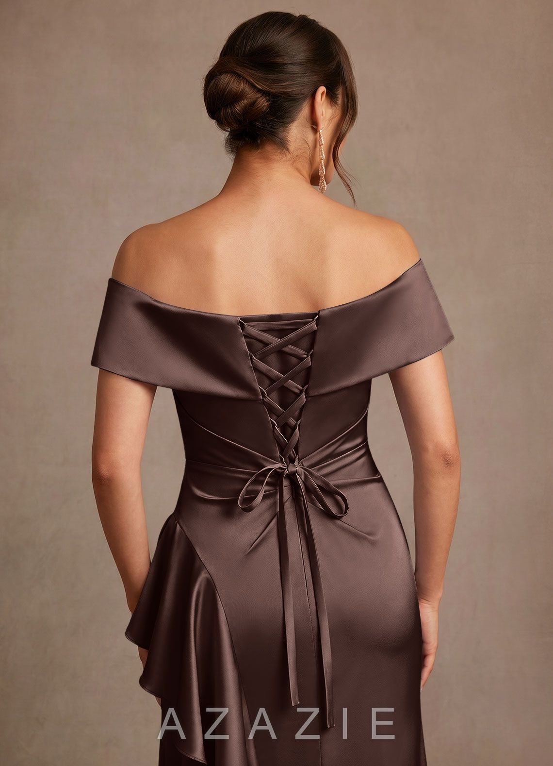 Azazie Kirsty Ganache Sheath Off the Shoulder Stretch Satin Dress ganache