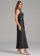 Azazie Evadne Black Sheath Pleated Stretch Satin Dress black