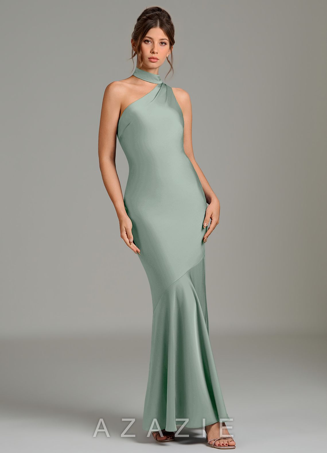 Azazie Jalissa Agave Mermaid One Shoulder Stretch Satin Dress agave