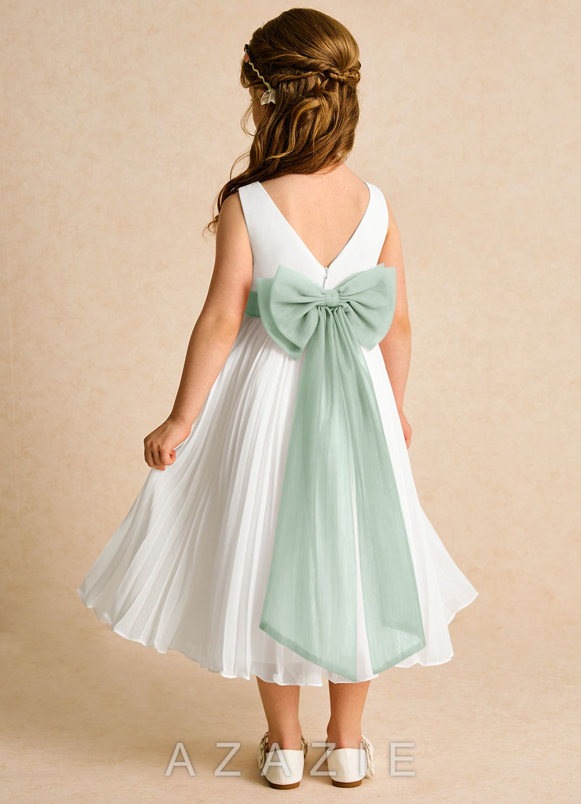 Azazie Margot Ivory Agave A-Line Pleated Chiffon Dress ivory/agave