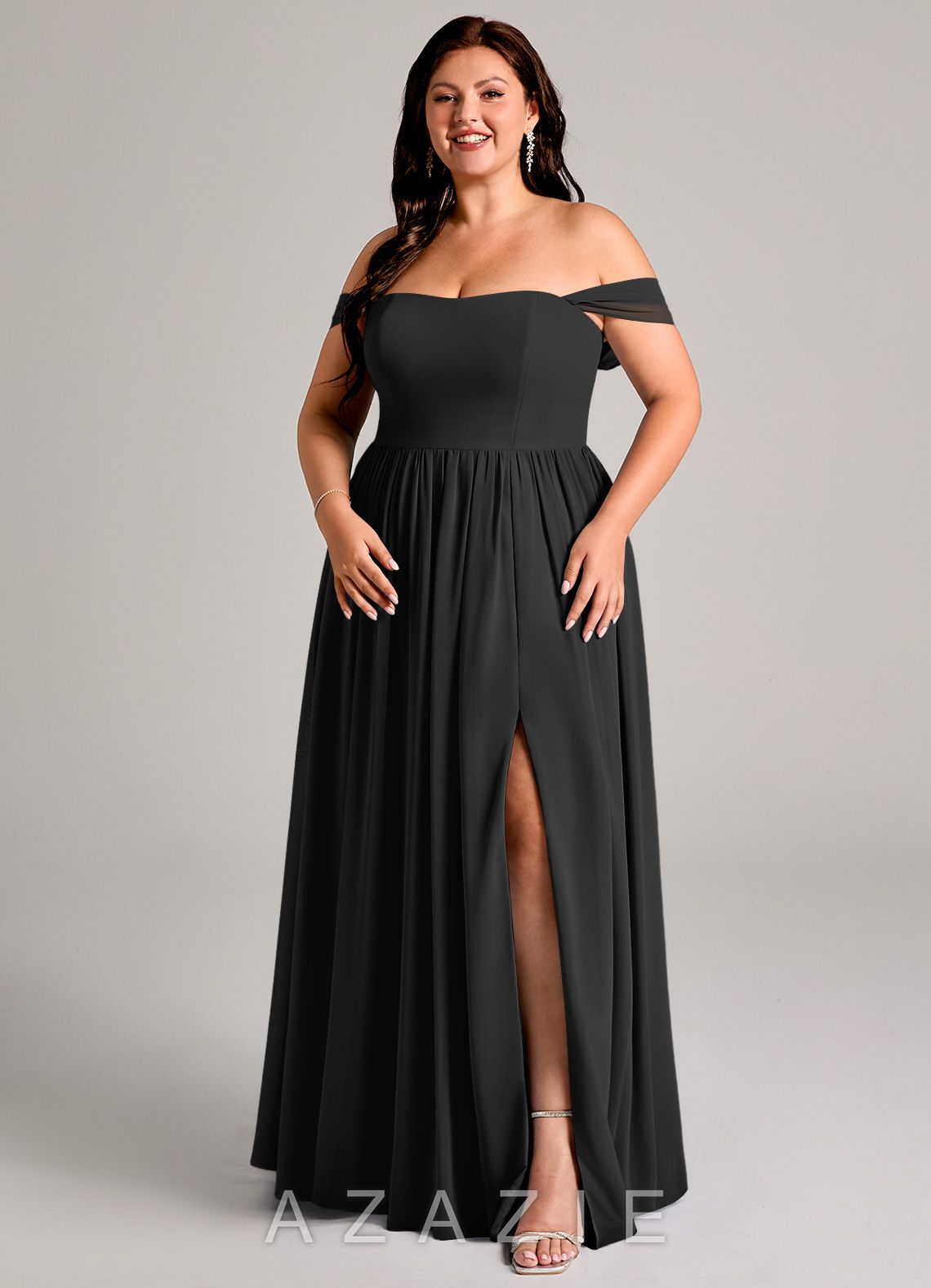 Azazie Calianna Black A-Line Off the Shoulder Chiffon Convertible Dress black