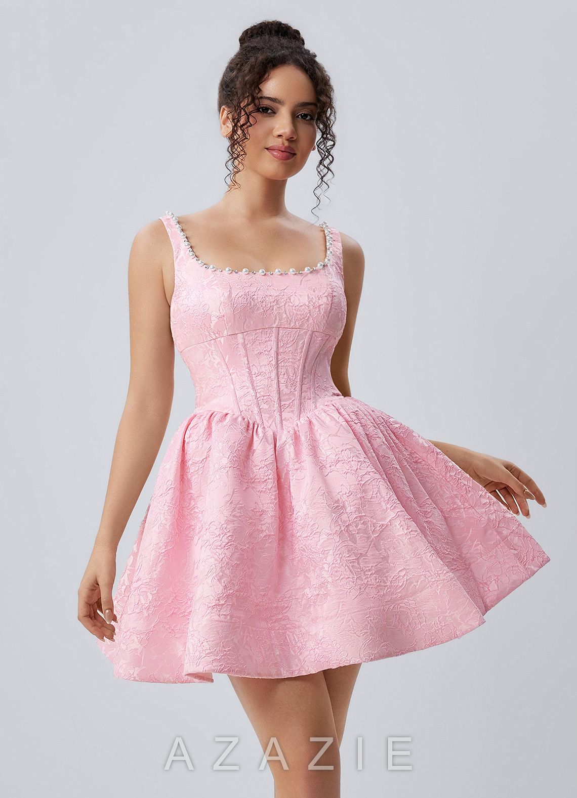 Phinsera Pink Jacquard Corset Lace-up Back Mini Dress