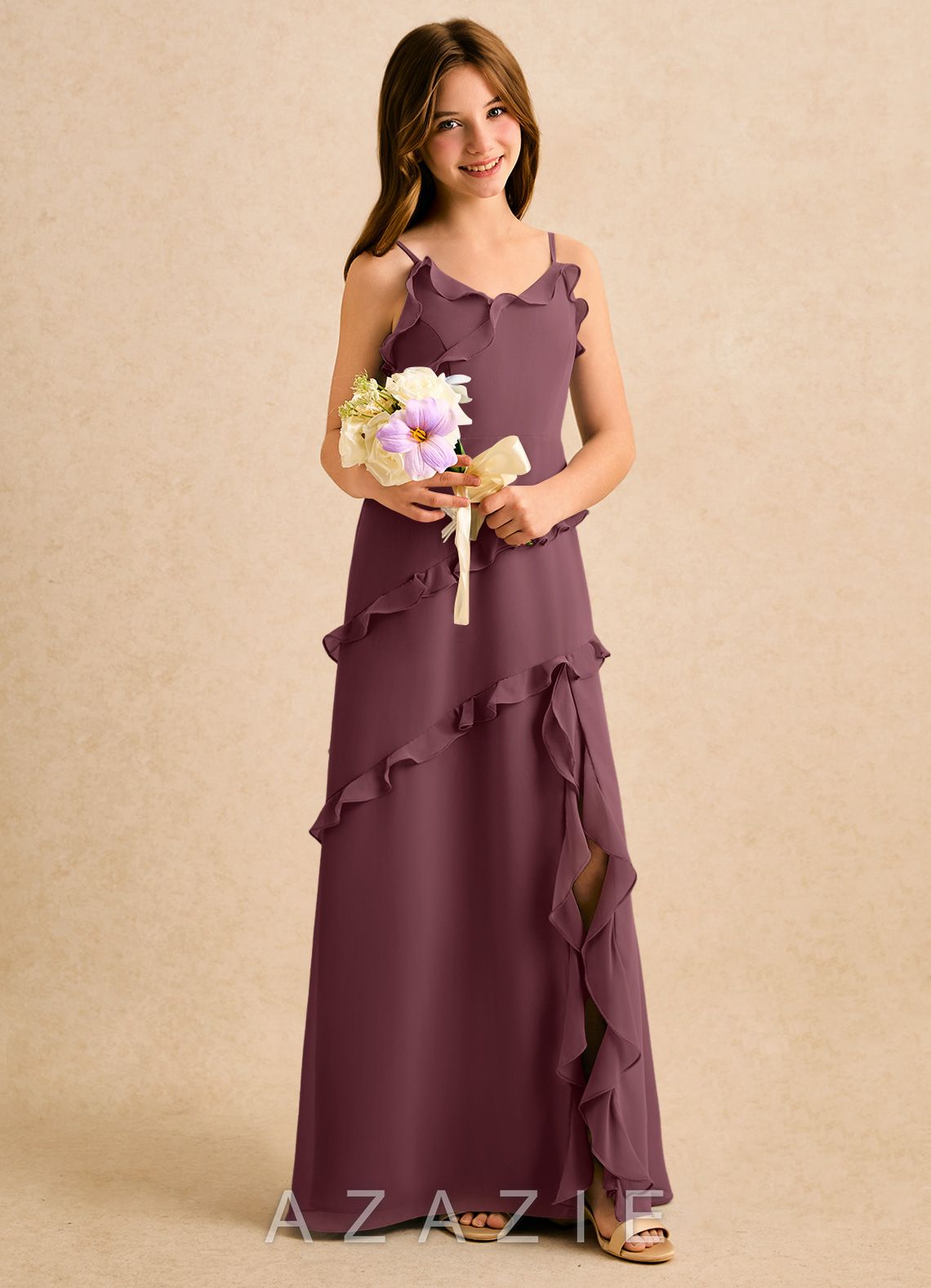 Azazie Lola Girls Formal Sangria A-Line Ruched Chiffon Dress sangria